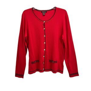 By Design Women Button Front Cardigan LARGE Red Black Trim Gold Buttons Career